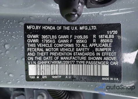 2021 Honda Civic Sport Touring из США, поврежденный, VIN SHHFK7H90MU209177